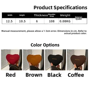 Detailed size chart and four color options for the heart-shaped mini fashion crossbody bag