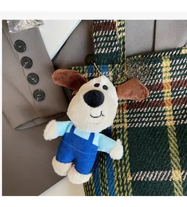 Detail eines Plüsch-Hundeanhängers mit blauer Latzhose auf einer karierten Tasche