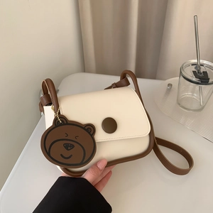 Retro PU Leather Crossbody Bag Small Square Shoulder Purse With Cute Bear Charm Daily Fashion Flip Cover Round Buckle
