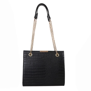 Chic black crocodile-embossed leather tote bag with gold chain strap and metal flap