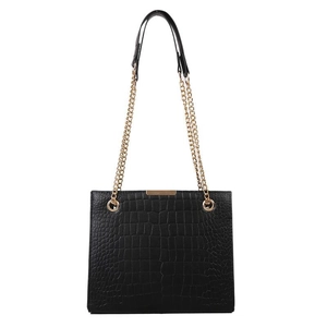 Black crocodile embossed tote bag with gold chain shoulder strap on white background