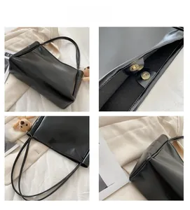 Detail shots of black glossy leather tote bag featuring magnetic buckle and slim handles