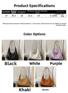 Detailed size chart and multi-color options for minimalist large PU leather tote bag
