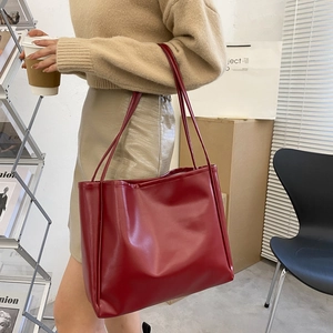 Minimalist burgundy large capacity leather tote bag with slim shoulder straps