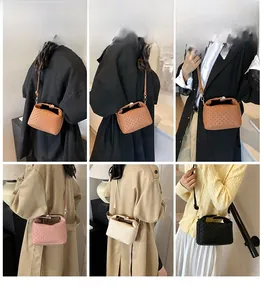 Collage of chic woven pattern shoulder bags in four colors styled by models