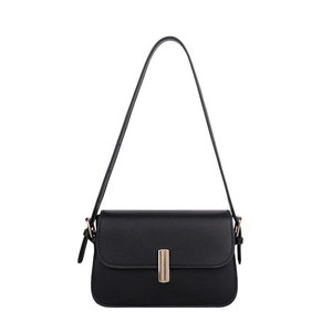 Minimalist black square crossbody bag for women with gold vertical metal lock and adjustable strap