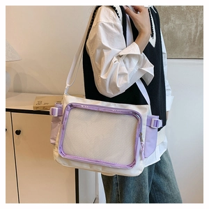 White and purple large capacity messenger ita bag with transparent mesh front pocket