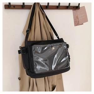 Detail of black ita bag with a large clear PVC window and adjustable nylon strap
