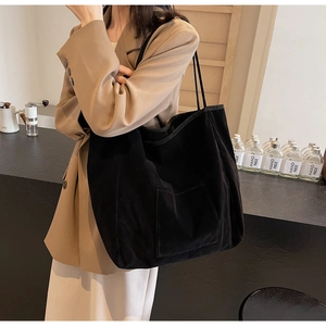 Retro black corduroy large tote bag with shoulder straps and front pocket for women
