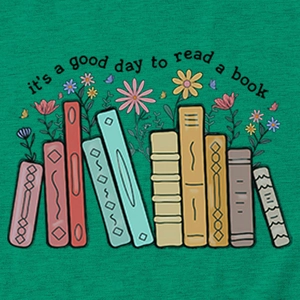 Detailed view of 'it's a good day to read' print on high-quality green cotton fabric