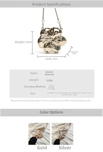 Detailed dimensions of 3D flower mini chain bag with gold and silver metallic finishes