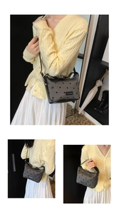 Detail of gray polka dot canvas shoulder bag with bow embroidery and rich rabbit logo