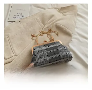 Detailed shot of retro plaid bag with metal frame, gold handle and chain strap