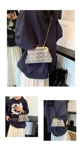 Three-way view of a retro check pattern shell bag with black polka dots and gold chain strap