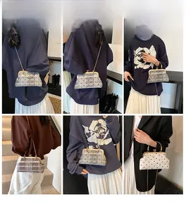 Polka dot shell bag with bamboo handle shown in various ways as crossbody and handbag