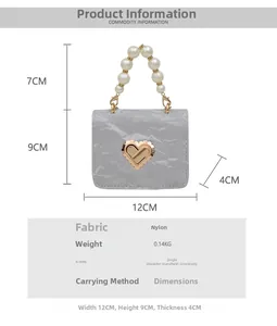 Detailed size chart and specifications for the nylon mini crossbody bag with pearl handle