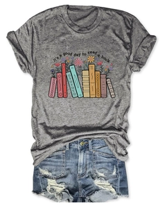Close-up of gray cotton t-shirt fabric texture and book floral print details