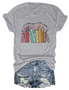 Detail of artistic floral book print and quote on casual grey round neck cotton t-shirt