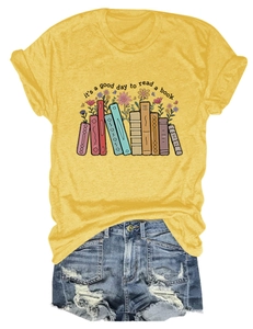Detail of yellow cotton t-shirt with floral book print and its a good day to read text