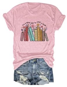 Close-up of pink cotton T-shirt with 'it's a good day to read a book' text and floral print