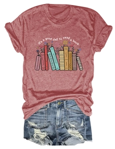 Close-up of rust red heather T-shirt with book floral print and distressed denim shorts