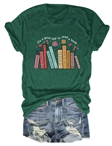 Close-up of reading themed graphic print on soft dark green crew neck t-shirt cotton fabric