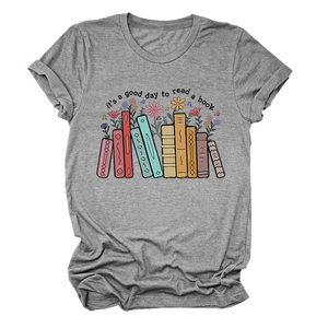 Close-up of light grey cotton T-shirt with book and floral print and reading quote