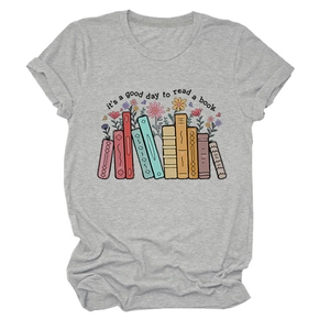 Detail view of heather grey T-shirt with 'it's a good day to read' book illustration
