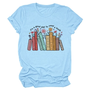 Light blue cotton t-shirt featuring 'it's a good day to read' book and flower graphic