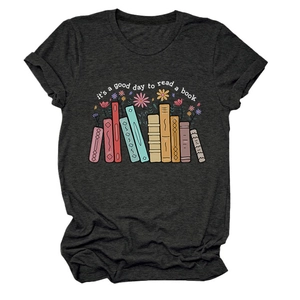 Close-up of it's a good day to read a book slogan and book print on a grey cotton t-shirt