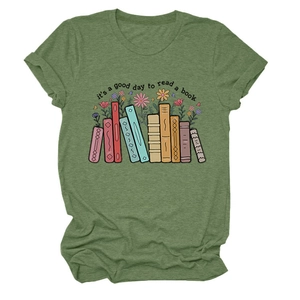 Detail of dark green t-shirt with crew neck and colorful book flower printed graphic
