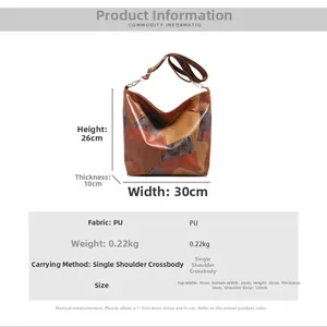 Detailed size chart for the PU leather color-block tote bag showing dimensions and specs