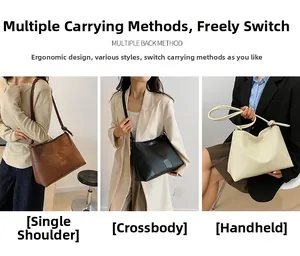 Three-way carry leather tote bag shown in shoulder, crossbody, and handbag styles