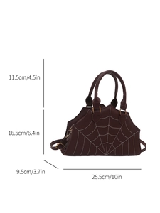 Gothic spider web pattern large brown handbag with size dimensions and shoulder strap