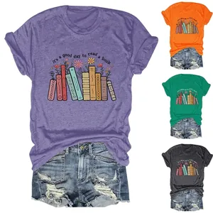 Women's Short Sleeve T-Shirt Cotton Blend Crew Neck Casual Loose Reading Book Flower Print Graphic Tee Top For Ladies