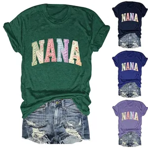 T-Shirt Femme Nana Lettre Patchwork Applique Manches Courtes Col Rond Coton Tricot Haut Décontracté