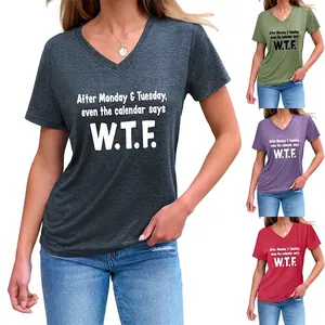 T-Shirt Femme Col En V Manches Courtes Mélange De Coton Slogan Drôle Graphique Haut Décontracté Ample Pour Dames