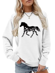 Detail of horse silhouette print with floral patterns on casual white long sleeve sweatshirt