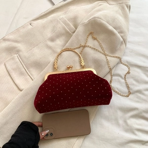 Detail of burgundy velvet evening bag with pearls and vintage gold metal clasp