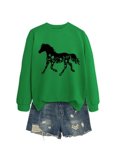 Detail of green round neck sweatshirt featuring a black horse silhouette with floral pattern