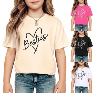 T-Shirt à Manches Courtes en Mélange de Coton pour Filles Décontracté Imprimé Besties Cœur Col Rond
