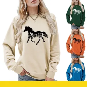Women's Casual Sweatshirt Horse Floral Graphic Print Round Neck Long Sleeve Loose Fashion Cotton Pullover Autumn Winter Top