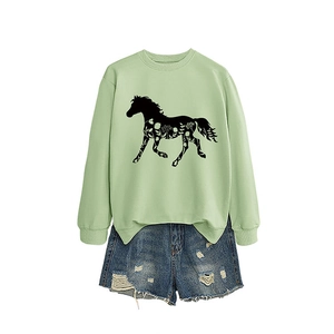 Women's green crewneck sweatshirt with horse floral print and ripped denim shorts set