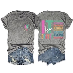 Detailed back print view of gray cotton t-shirt with colorful inspirational quotes