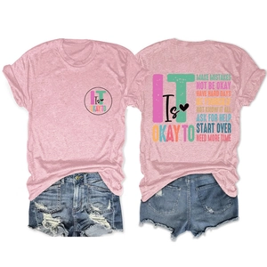 Detail of pink heather t-shirt with inspirational typography and round neck style