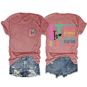 Detail view of women's burgundy T-shirt with back quote print and denim shorts set
