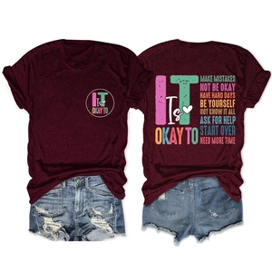 Burgundy t-shirt with 'Make Mistakes' text and distressed denim shorts, front and back view
