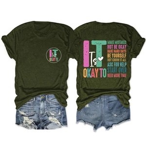 Front and back detail of olive green T-shirt with inspirational graphic prints