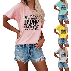 Detail view of round neck T-shirt available in pink, blue, yellow, and grey colors