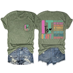 Front and back view of green t-shirt with inspirational quotes and denim shorts